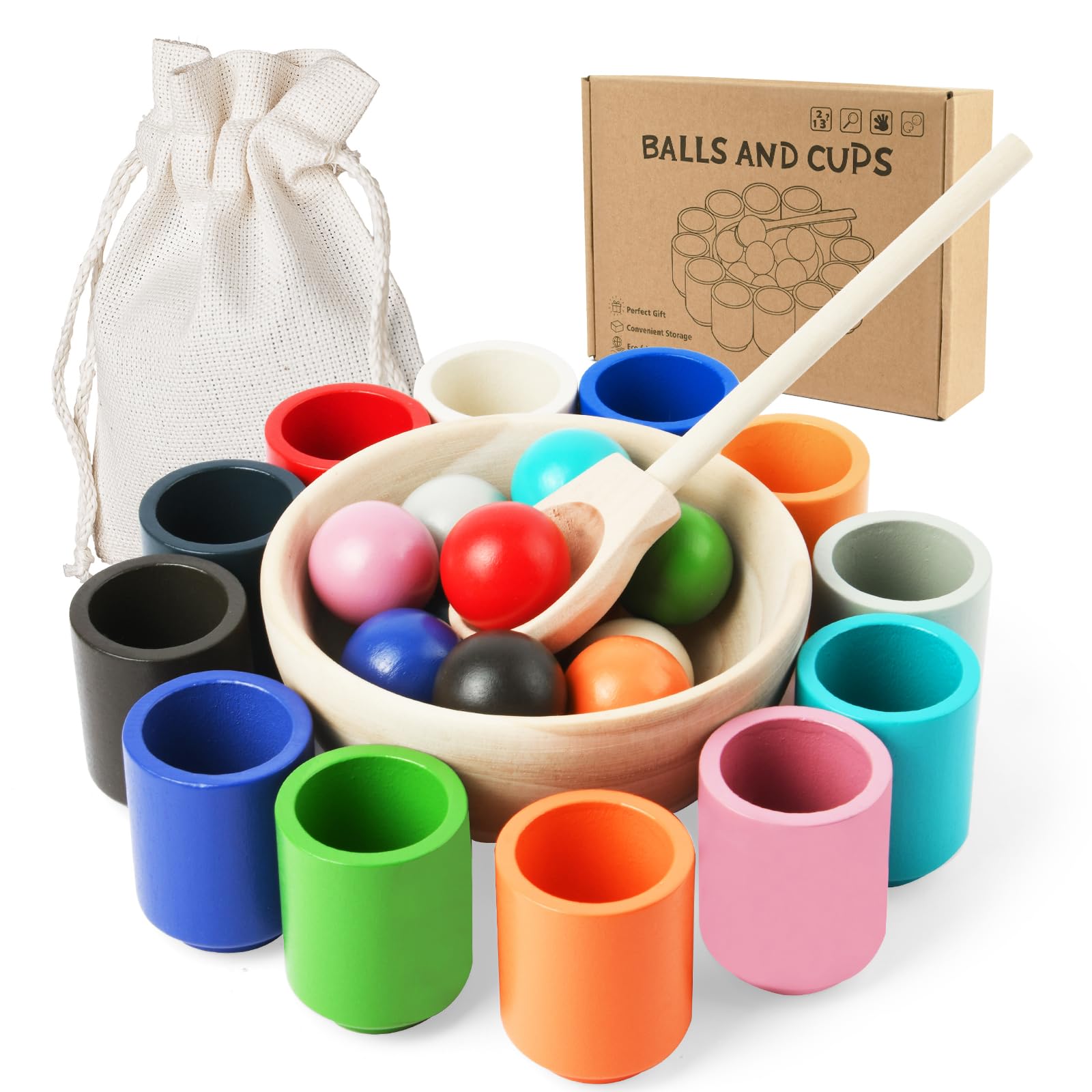 Vicloon Rainbow Balls in Cups Toddler Montessori Toys, Wooden Sorting Stacking Toys, Baby Early Education Toys for Learning Color Sorting and Counting, Baby Sensory Ball Feeding Game, 12 Color Balls