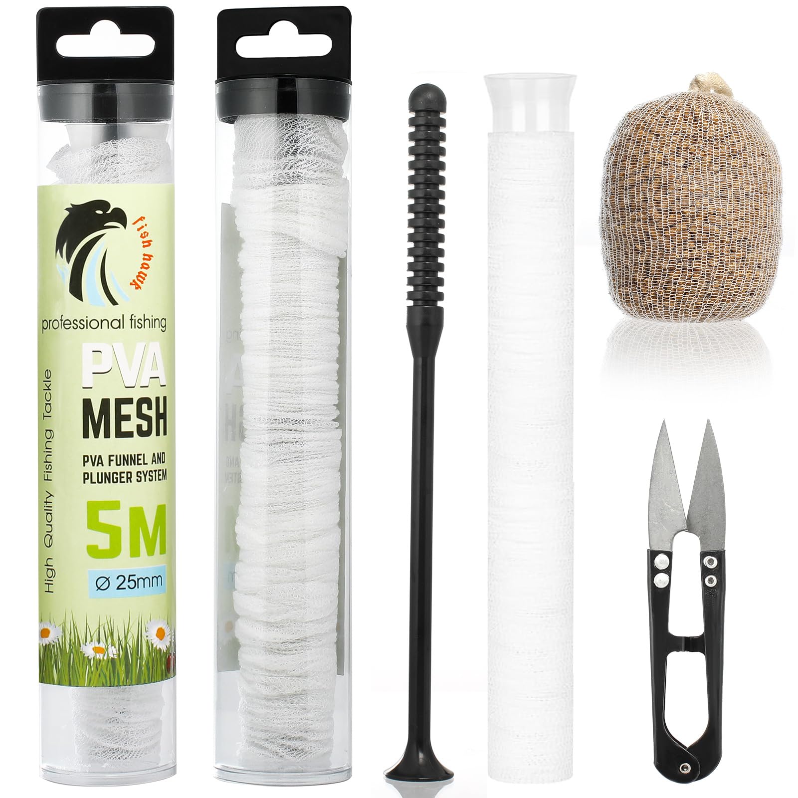 winbest 5M PVA Mesh Carp Fishing, 25mm Pva Mesh Kit with Scissors Funnel and Plunger, Pva Bags Carp Fishing Accessories Fast Melt Pva Mesh Bag Refill for Boilie Bait Feeding