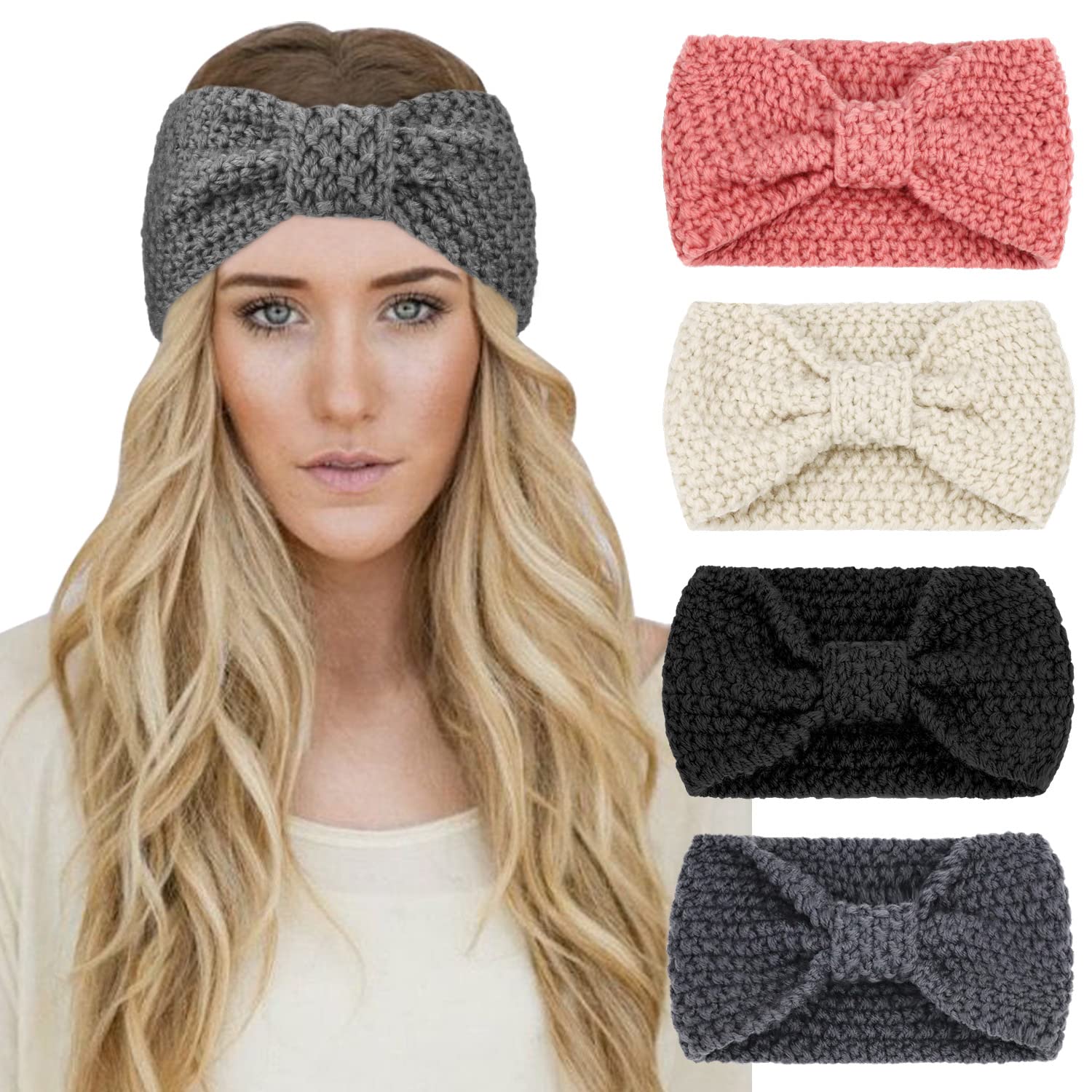 DRESHOW 4 Pack Womens Winter Ear Warmer Headband - Crochet Knit Turban Headband Chunky Cable Knit Headwrap