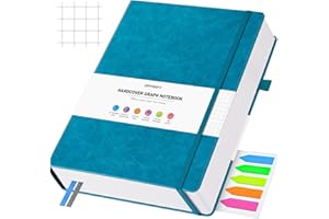 OFFIGIFT Graph Paper Notebook, 312 Numbered Pages Large A5 Hardcover Leather Journal, 100gsm No Bleed Grid Paper Notebook with Index Pages, Grid Notebook for Graphing Notes Math, 5.75" x 8.38", Blue