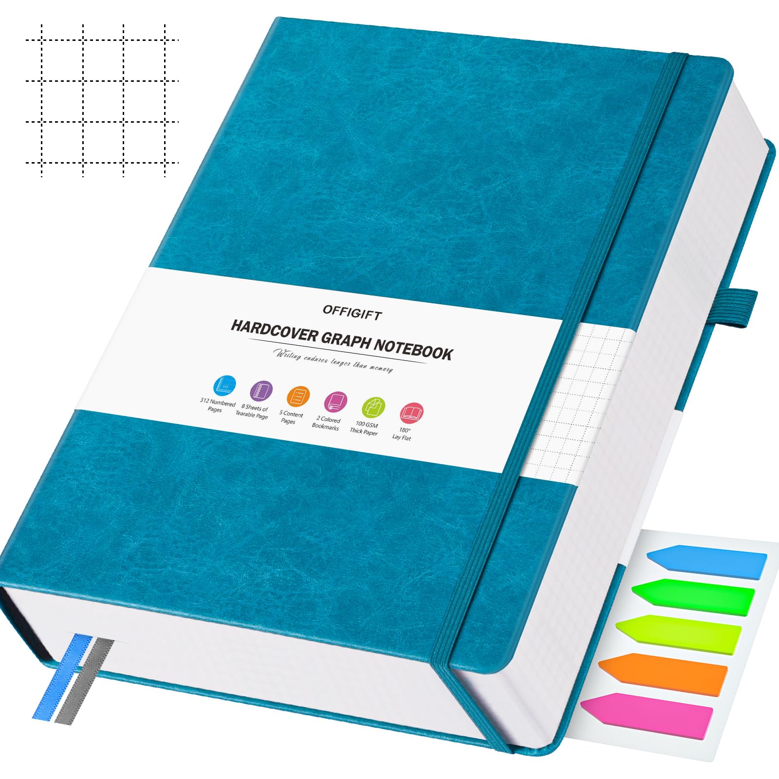 OFFIGIFT Squared Paper Notebook A5, 312 Numbered Pages Hardback Leather Journal, 100gsm No Bleed Grid Notebook with Index Pages, Graph Paper Notebook for Graphing Notes Math, 5.75" x 8.38", Blue
