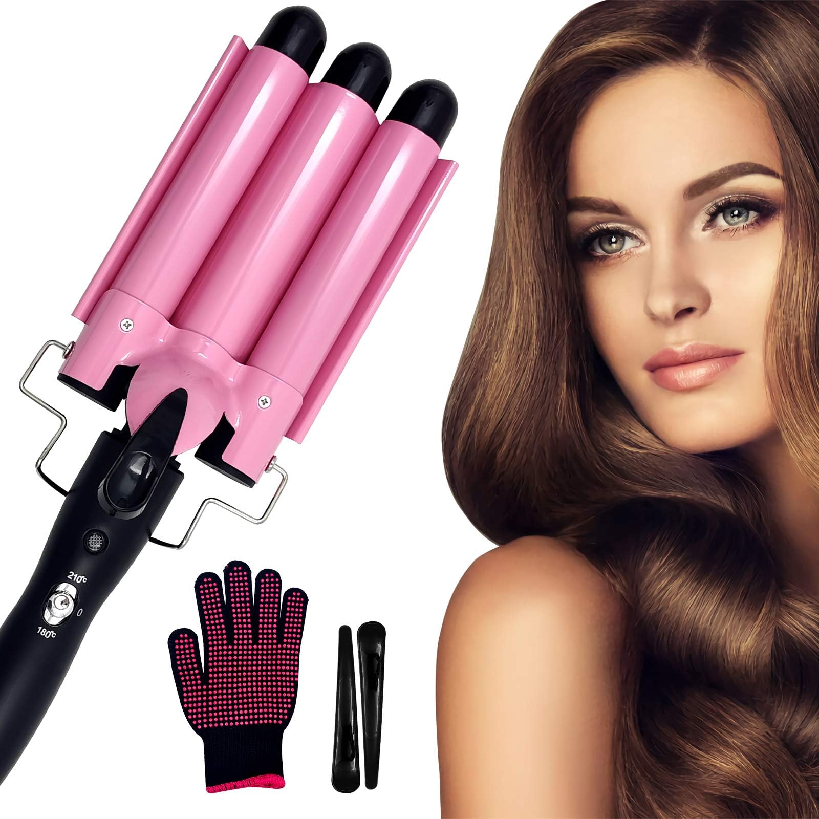 Hair Waver,Hair Crimpers Mermaid Hair Waver with Heat-Resistant Glove,3 Barrels Hair Curling 25mm Iron Wand for Long Hair, Hair Styling Tool for Women with 2 Temperature Mode Control (Pink)