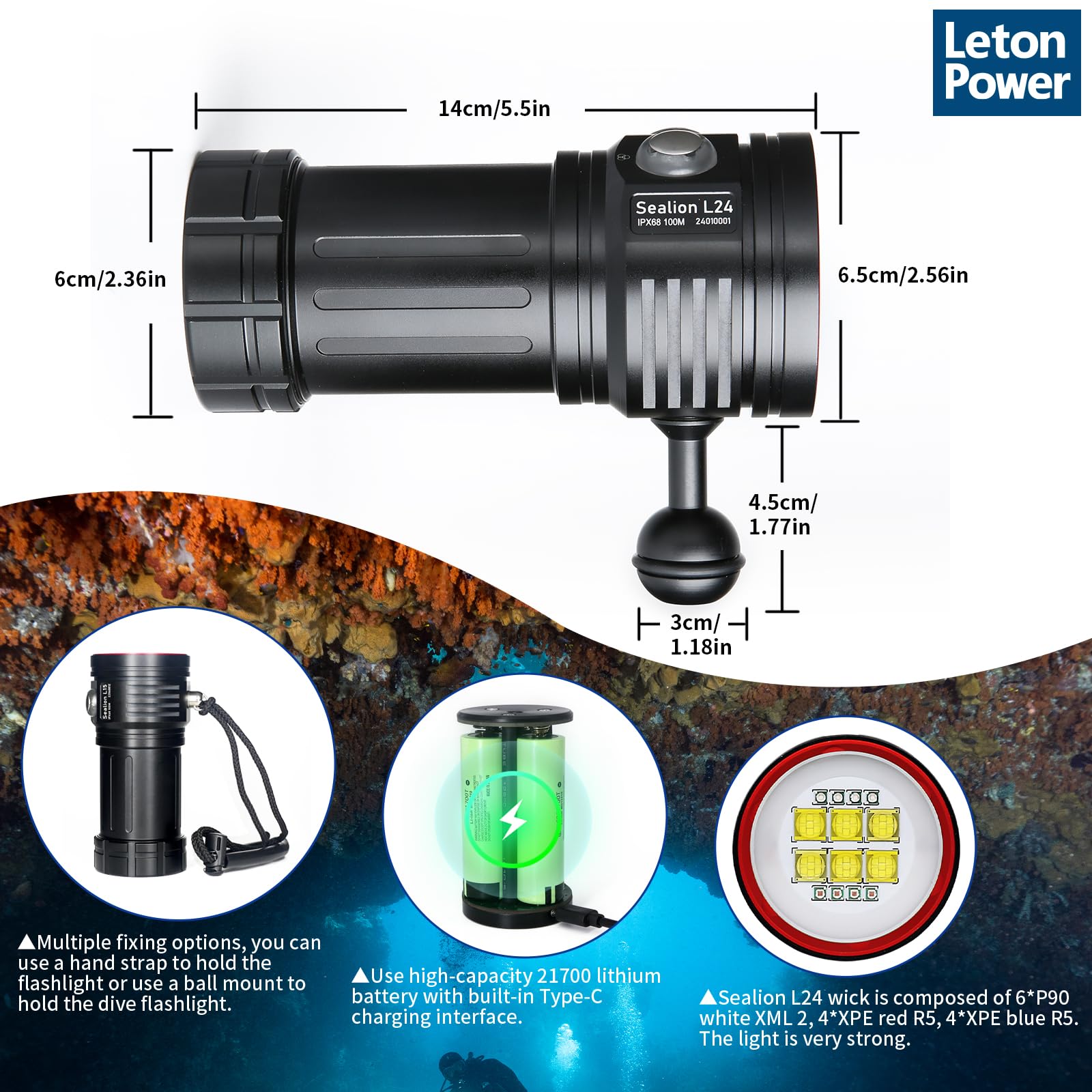 LetonPower Diving Flashlight, L24 12000Lumens Dive Light,100m Underwater Video Light, Scuba Dive Lights, Underwater flashlights with Type-C Charging for Professional Under Water Sports