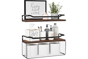 WOPITUES Floating Shelves with Wire Storage Basket, Bathroom Shelves Over Toilet with Protective Metal Guardrail, Wood Wall Shelves for Bathroom, Bedroom, Living Room, Toilet Paper- Dark Brown