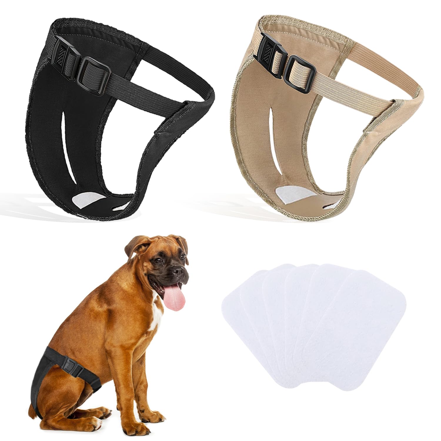 INSPUTOL 2 Pack Dog Pants, Dog Nappies with 6 Sanitary Pad Adjustable Protective Trousers for Female Dogs in Heat Monthly Bleeding Reusable Washable Doggy Sanitary Hygiene Pants(2XL-black&camel)