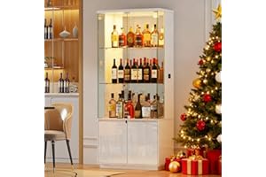 HNEBC 71'' Display Cabinet with Glass Doors&3 Color Lights&Lockable for Bedroom White,High Gloss Curio Cabinet with Adjustable Glass Shelf 3-Tier Bookcase for Living Room