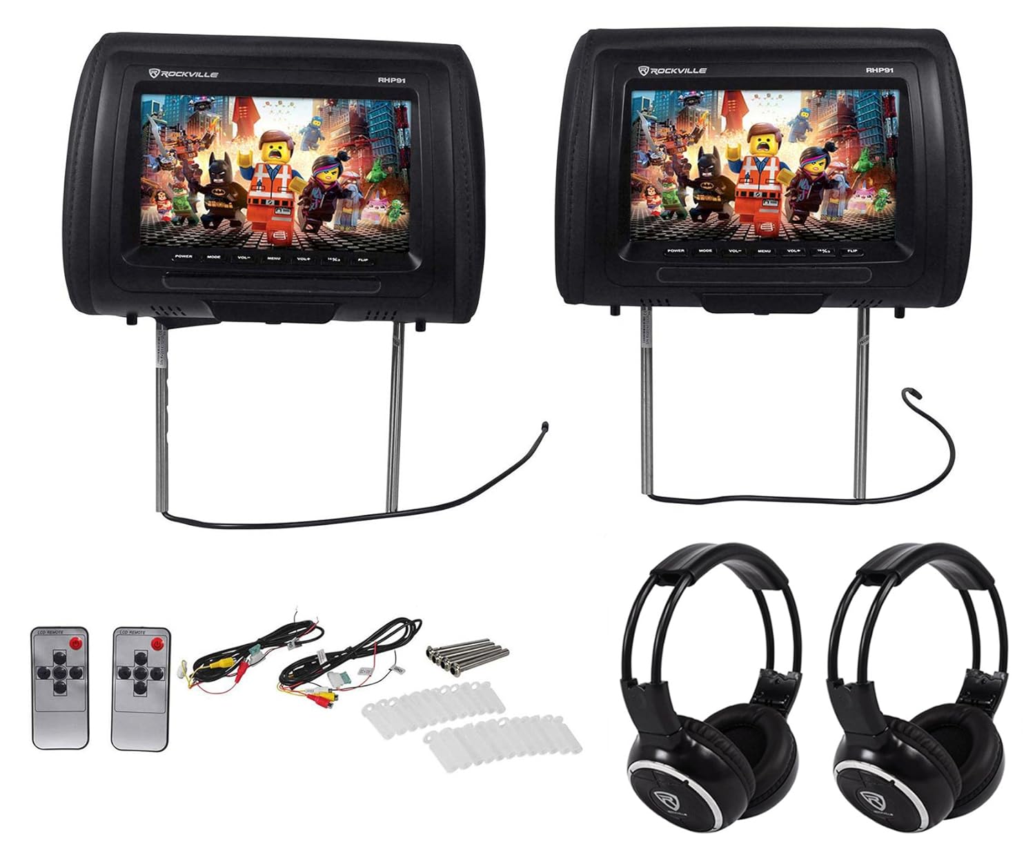 Rockville RHP91-BK 9 Digital Panel Black Headrest Monitors+Wireless Headphones