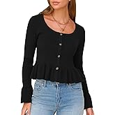 EXLURA Women Cropped Cardigan Sweaters Fall Flare Sleeve Button Cardigans Ruffled Hem Cute Sweater Casual Soft Stretchy Tops