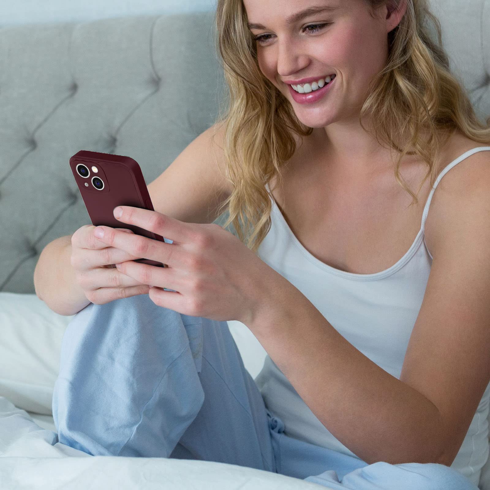 UEEBAI Silicone Case for iPhone 14 6.1 inch, Slim Liquid Silicone Case Shockproof Full Body Protection Phone Case with Anti-Scratch Microfiber Ultra Slim Soft Bumper Cover - Wein Red