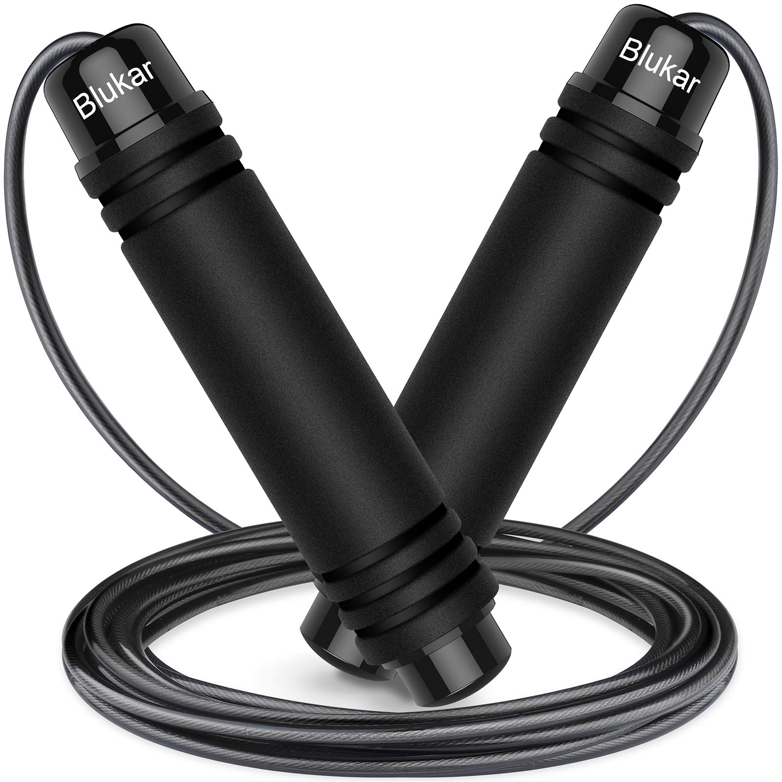 Blukar Skipping Rope, Speed Jump Rope Tangle-free Adjustable Cord with Rapid Ball Bearings & Soft Foam Handle for Fitness Workouts Fat Burning Exercises-Spare Cord Length Adjuster Included-Black