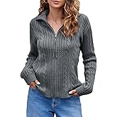 Saodimallsu Womens Cable Knit Cardigan Zip Up Collared Long Sleeve Vintage Sweater Loose Open Front Coats