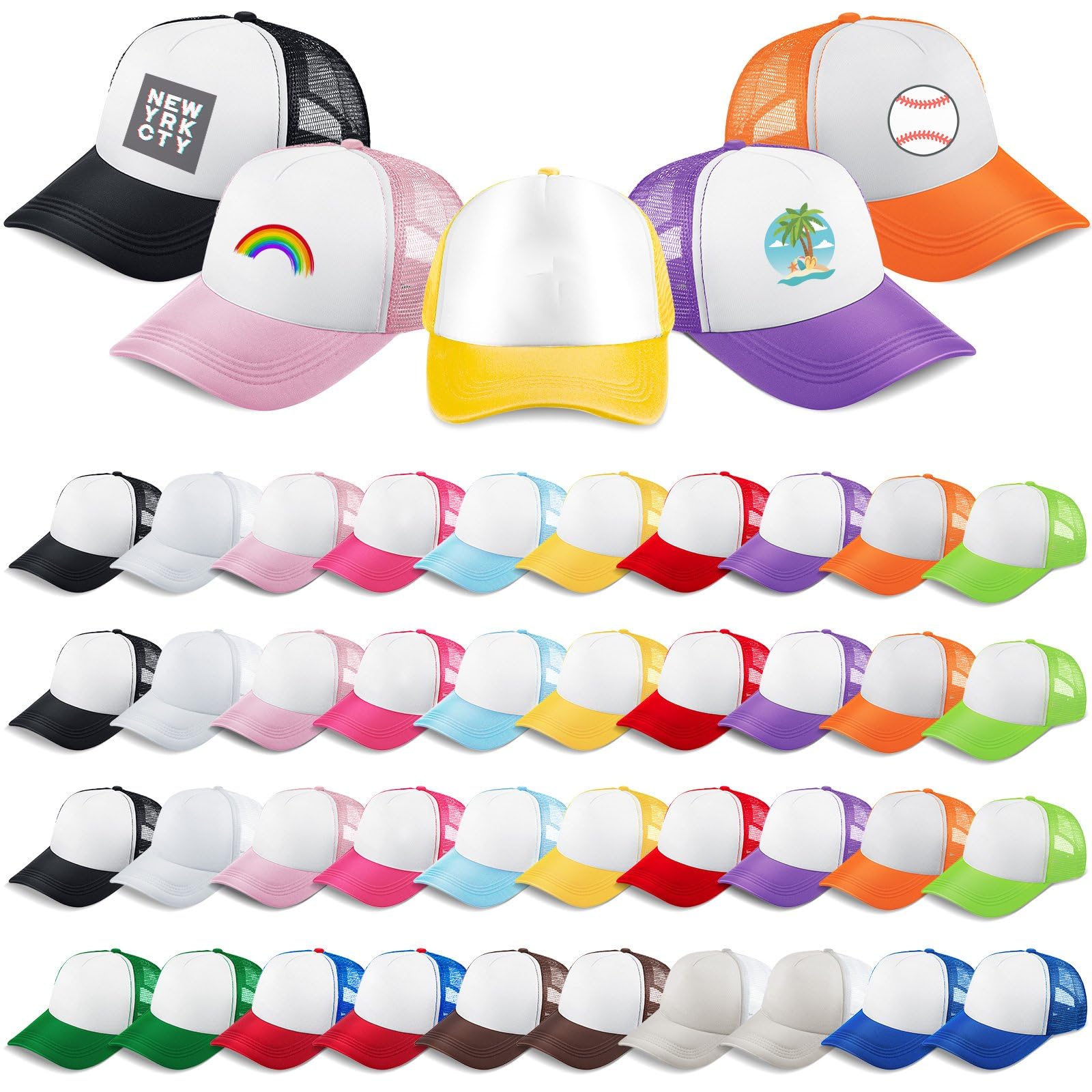 Photo 1 of Hercicy 40 Pack Sublimation Blank Trucker Hat Bulk Baseball Cap Adjustable Mesh Unisex Polyester Hat Heat Transfer (Adult, Colorful)