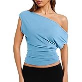 REORIA Womens 2026 Summer Cute Short Sleeve Tee Shirts Asymmetrical Cinched Waist Casual Loose Off The Shoulder Tops