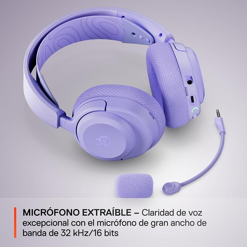 Arctis Nova 3P Auscultadores de Gaming Multiplataforma Sem Fios - App - Bateria 40h - Comandos magnéticos de neodímio - 2,4 GHz/Bluetooth - Micro removível - PS5, PS4, PC, Switch - Lavanda