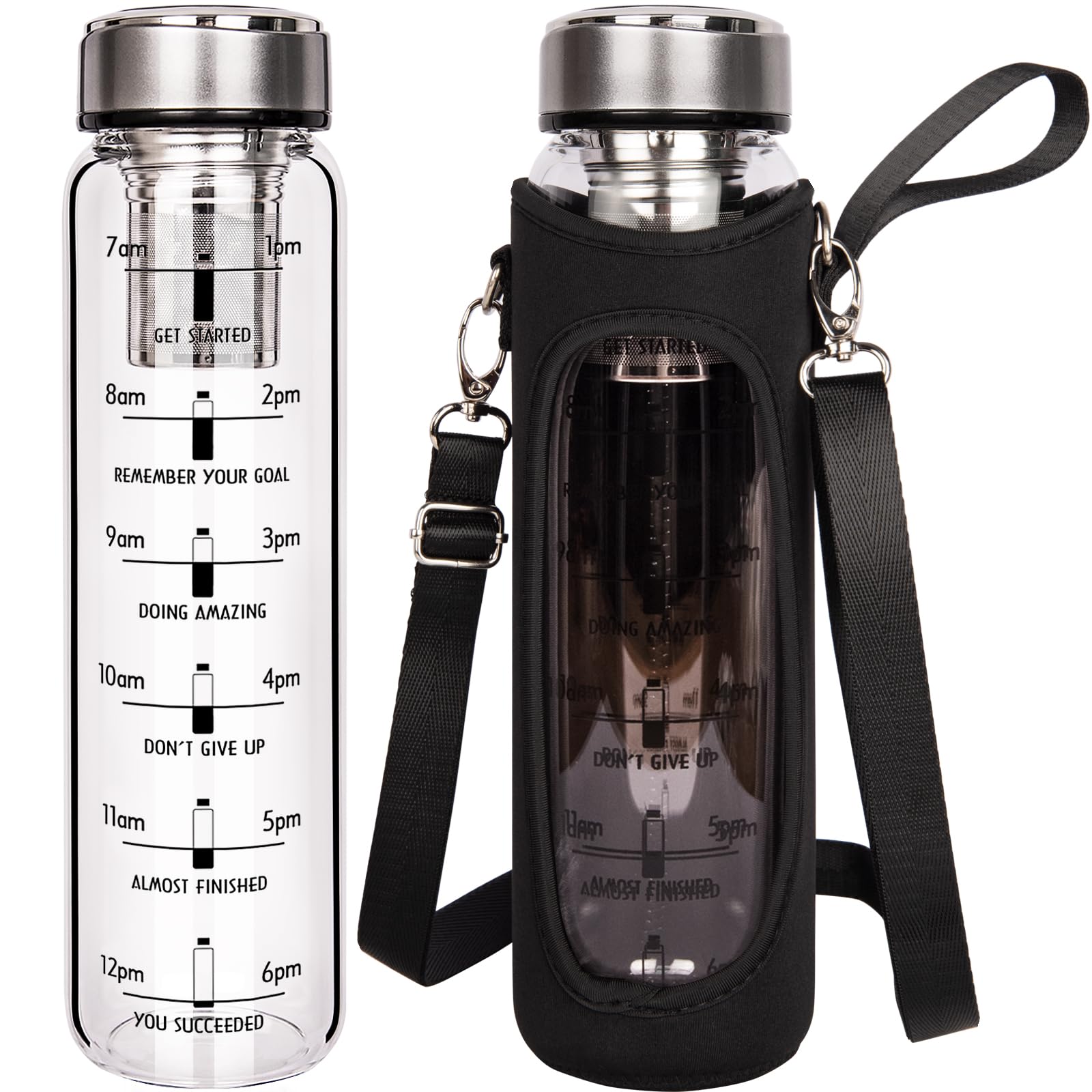 DEARRAY 1l / 1000ml Glass Water Bottle with Time Markings, 1 Liter Tea Drinking Bottle with Stainless Steel Infuser Loose Leaf Tea, Cold Brew Coffee