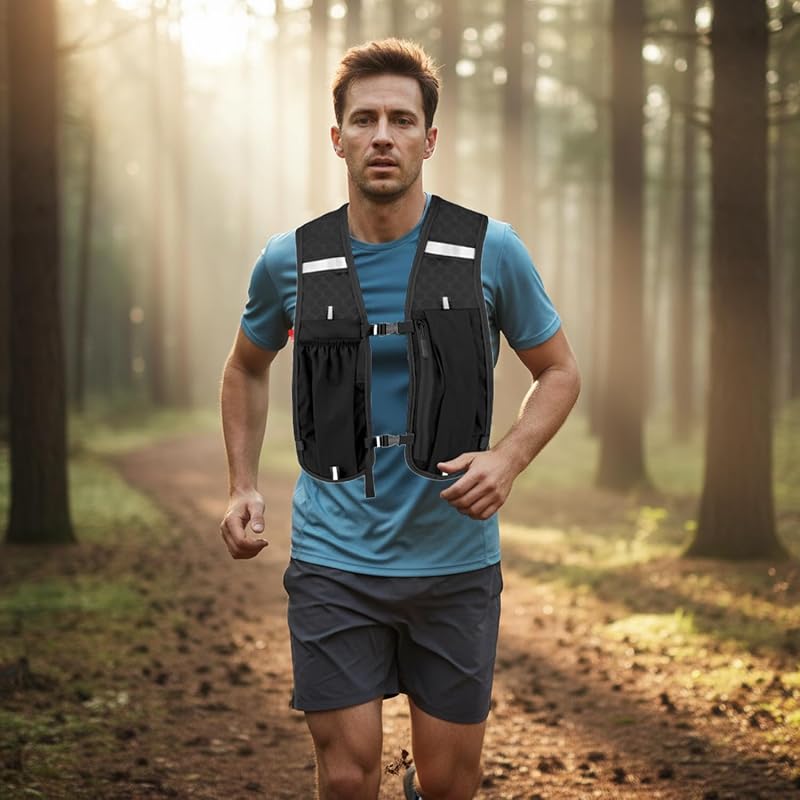 Chaleco de Running Unisex con Mochila, Ajustable, Ligero y Transpirable, Diseño con Espacio de Almacenamiento y Bandas Reflectantes, para Maratón, Jogging, Ciclismo, Trail Running