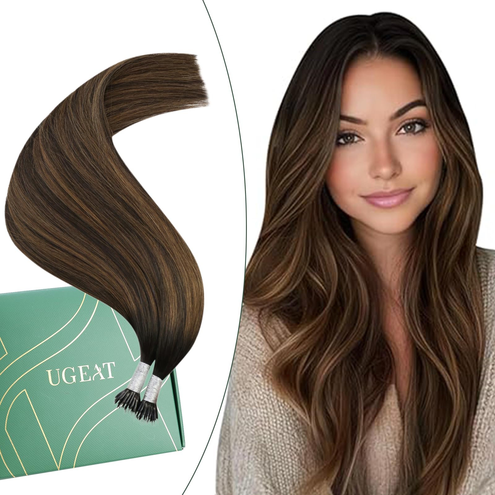 Ugeat Balayage Nano Hair Extensions Human Hair 16 Inch Dark Brown Nano Ring Hair Extensions Medium Brown Invisible Ring 50g 50s #2/6/2 — image 1