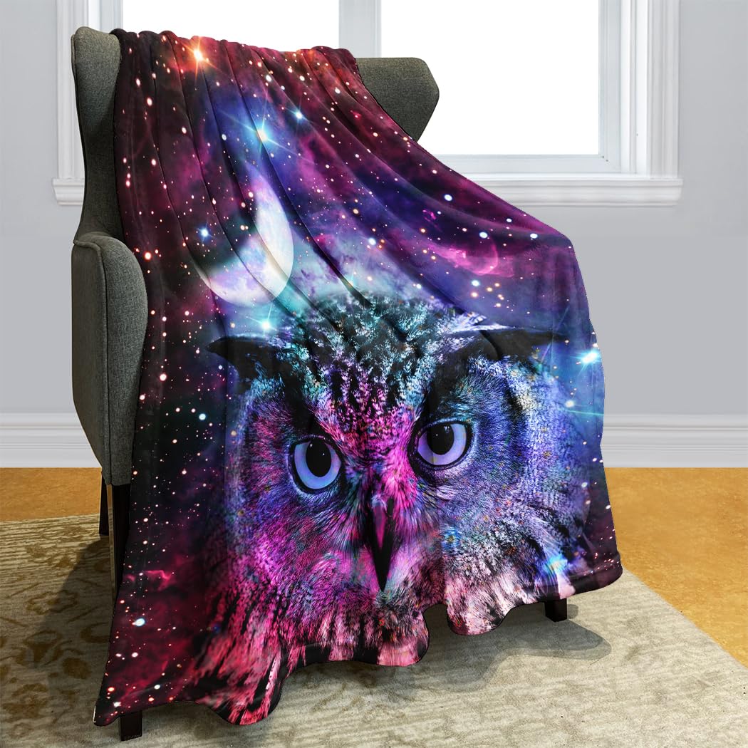 Violetpos thick blanket, soft warmth, cosy flannel fleece, sofa blanket cover, owl, moon, purple, galaxy universe, animal, flannelette, purple, 150 x 200cm