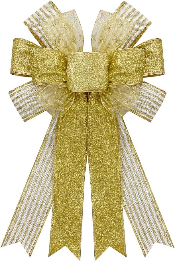 Bows & Ribbons - Large Christmas Wreath Bows, Christmas Gold Glitter Ribbon Bows for Wreaths - Large Tree Topper Bows for Christmas Home Garden Indoor Outdoor Decoration Wreath Ornament Supplies