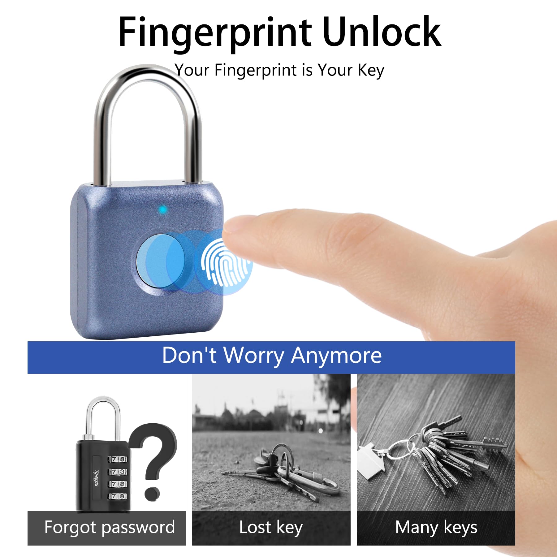 Fingerprint Padlock, Keyless Biometric Lock, Water-Resistant, USB Rechargeable Smart Lock for Bookcases, Bikes, Sports Lockers, Storage, Blue