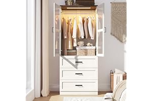 HLIVELOOD 75" Tall Farmhouse 2 Doors Armoire Wardrobe Closet with 3 Drawers and LED,Freestanding Closet Wardrobe Cabinet for Bedroom with Hanging Rod,Wooden Armoire Storage Cabinet Adjustable(Rustic Off White)