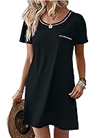 Ekouaer Womens Nightgown Cotton Nightshirts Short Sleeve Sleep Shirt with Chest Pocket Crewneck Nightdress, Black, L