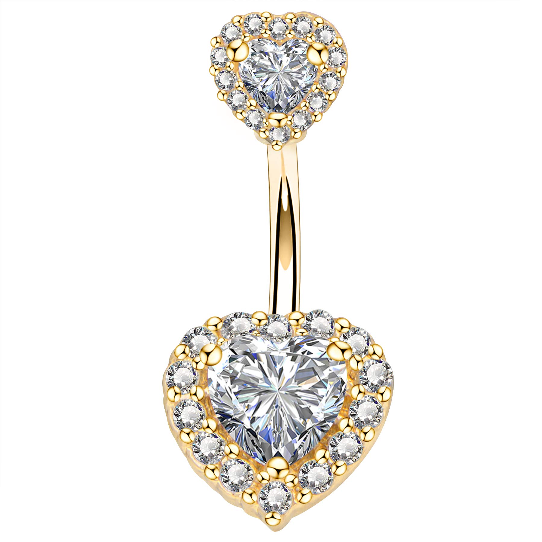 OUFER 316L Surgical Steel Gold Belly Bars Double Heart Cubic Zirconia Belly Button Ring Navel Piercings Jewellery 14G (1.6mm) (18ct Gold)
