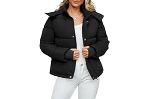 Funlingo Women's Cropped Puffer Jacket with Removable Hood Winter Zip Up Snap Button Warm Trendy Quilted Coat