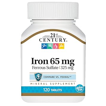 21st Century Iron 65 mg Ferrous Sulfate 325 mg Tablets, 120 Count
