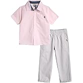 DKNY Toddler Boys Pants Set - 2 Piece Short Sleeve Boys Button Down Shirt and Canvas Pull On Kids Pants Toddler Clothes