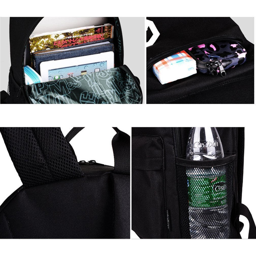 DOLIROX Luminous Schoolbag Anime School Backpack Shoulder Daypack Laptop Bag with USB Charging Port/Cable/Pencil Case and Password Lock for Travel Hiking (Large, Black A)