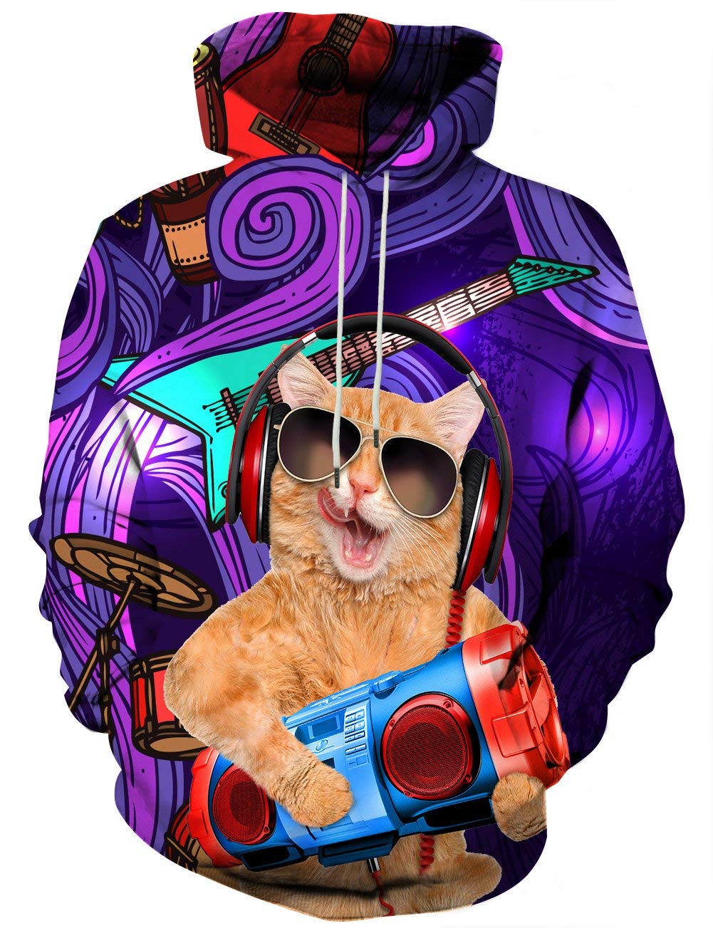 Loveternal Unisex 3D Music Cat Printed Pullover Hoodie Baseball Sweatshirt with Kangaroo Pouch XXL