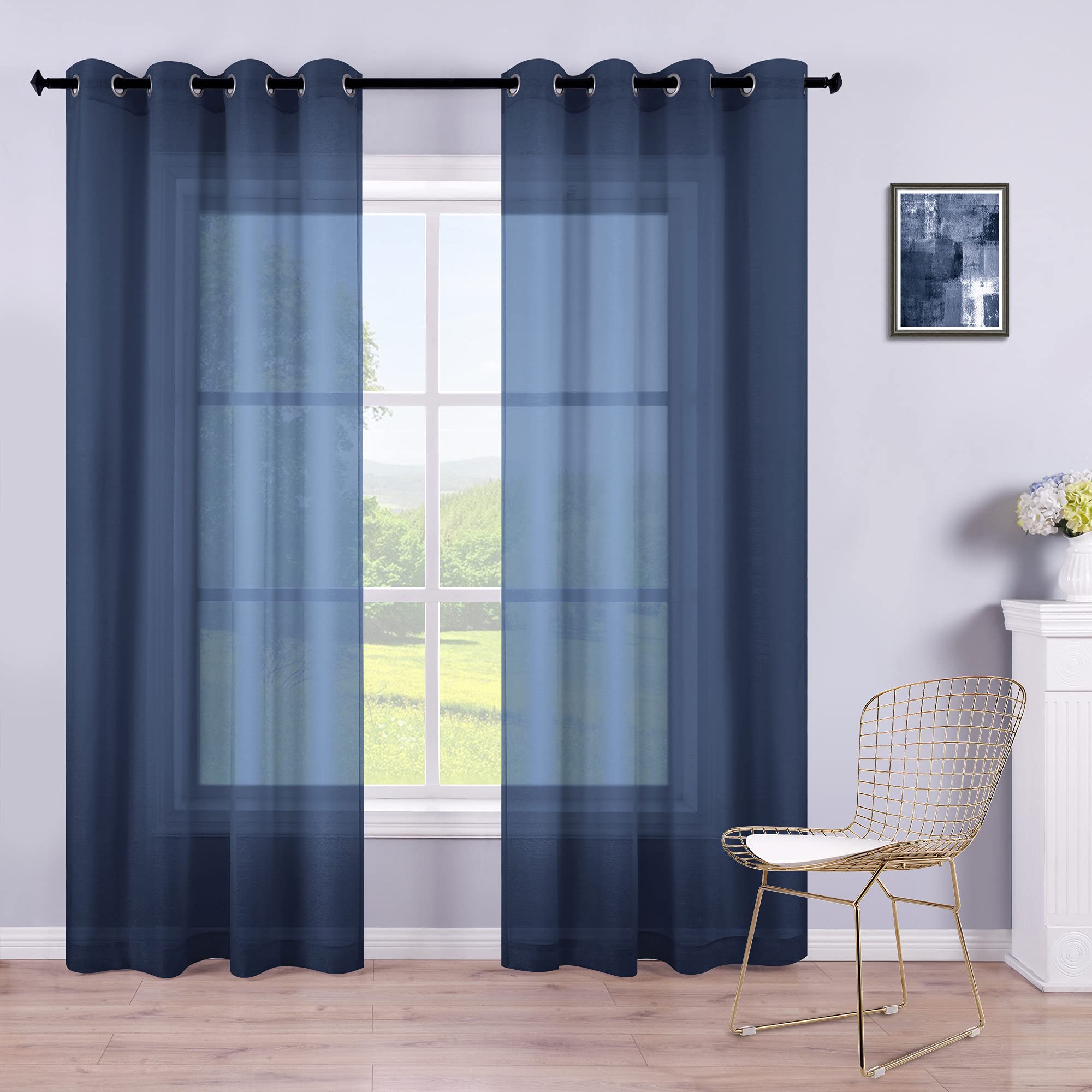 KOUFALL Navy Blue Curtains 96 Inches Long for Living Room 2 Panels Set Window Drapes Dark Navy Grommet Curtains Sheer for Bedroom Backdrop 52x96 Inch Length