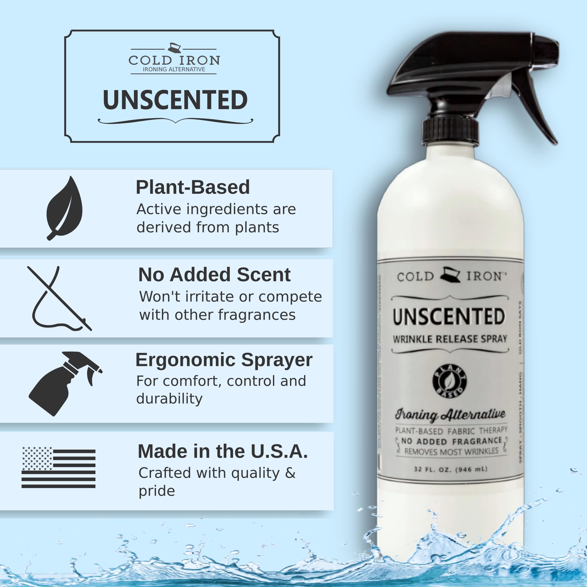 Cold Iron Wrinkle Release Spray for Clothes. 32 fl oz. Unscented/Fragrance Free. Plant Based Ironing Alternative. Fast, Easy to Use. Spray, Smooth, Hang. Award Winning Formula to Save You Time
