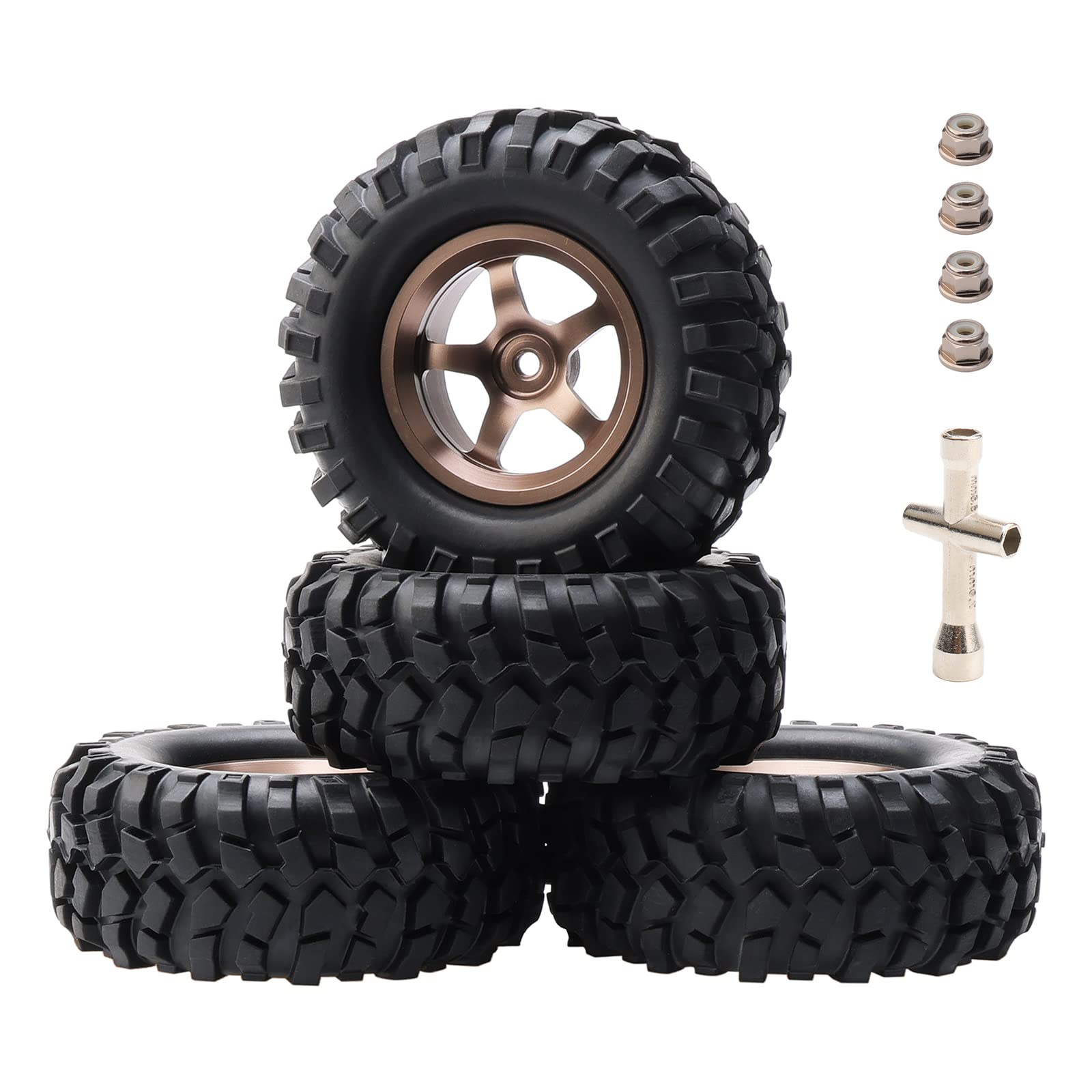 Rowiz 4PCS RC Car Tires 1/10 1/12 Off Road RC Wheels with Tires and Rims Foam Inserts 12mm Hex Hub Width 1.45" (37mm) OD 3.77"(96mm) Titanium Gold Color
