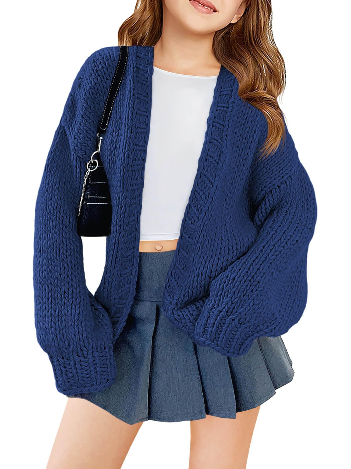 Photo 1 of Haloumoning Girls Long Sleeve Cardigan Kids Casual Open Front Chunky Sweater Fall Outerwear 5-14Y Navy