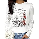 SweatyRocks Women's Paris Letter Floral Graphic Tees Casual Long Sleeve Crew Neck Sweatshirts