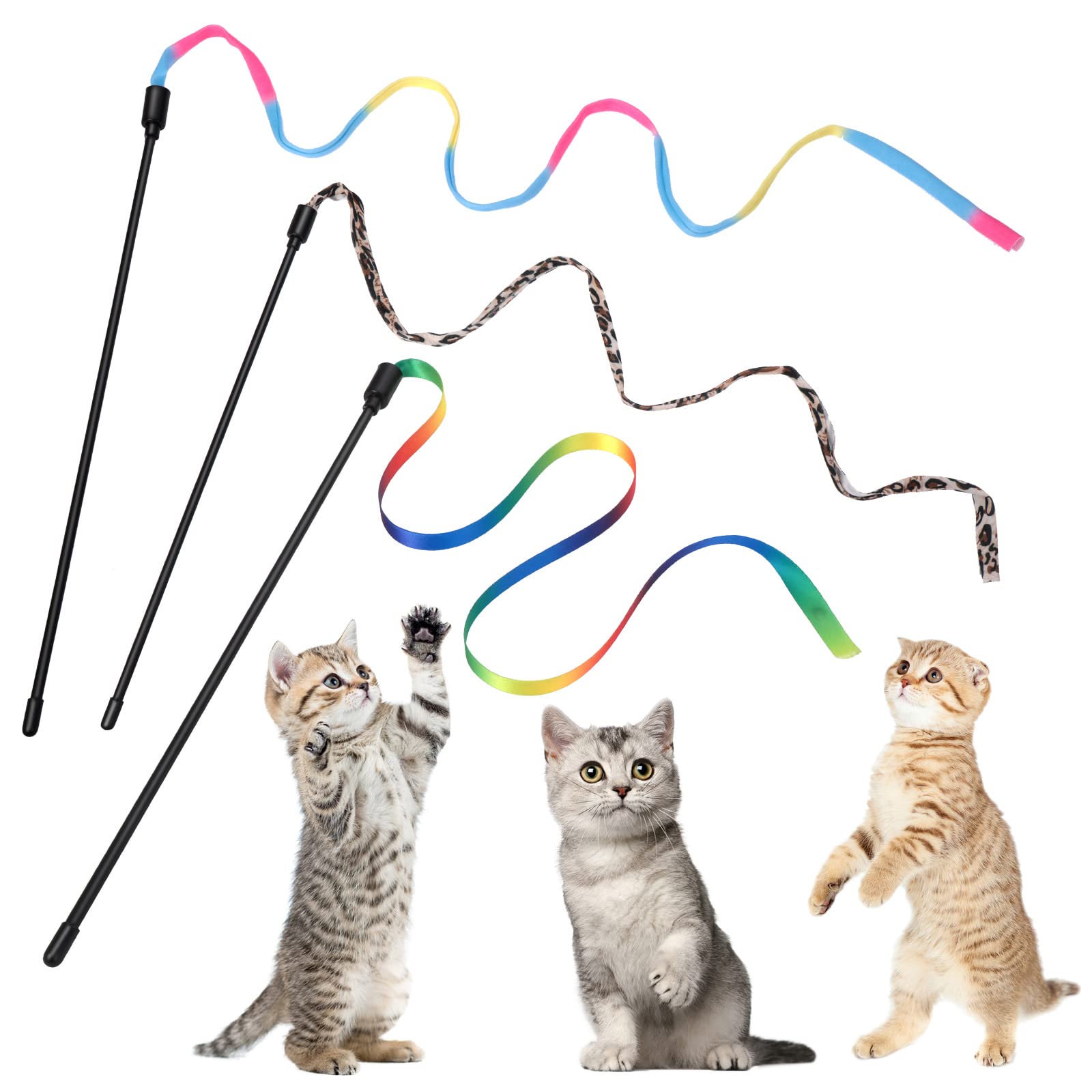 Cobee 3 Pack Cat Wand Toy Set, 30cm Interactive Wand with Rainbow Ribbon String + Leopard Print Cloth String for Kitten Training & Exerciser — image 1