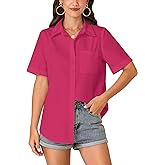 KIFOVEN Women’s Short Sleeve Button Down Shirt Collared Casual Summer Blouse Top with Pocket Rose Pink X-Large