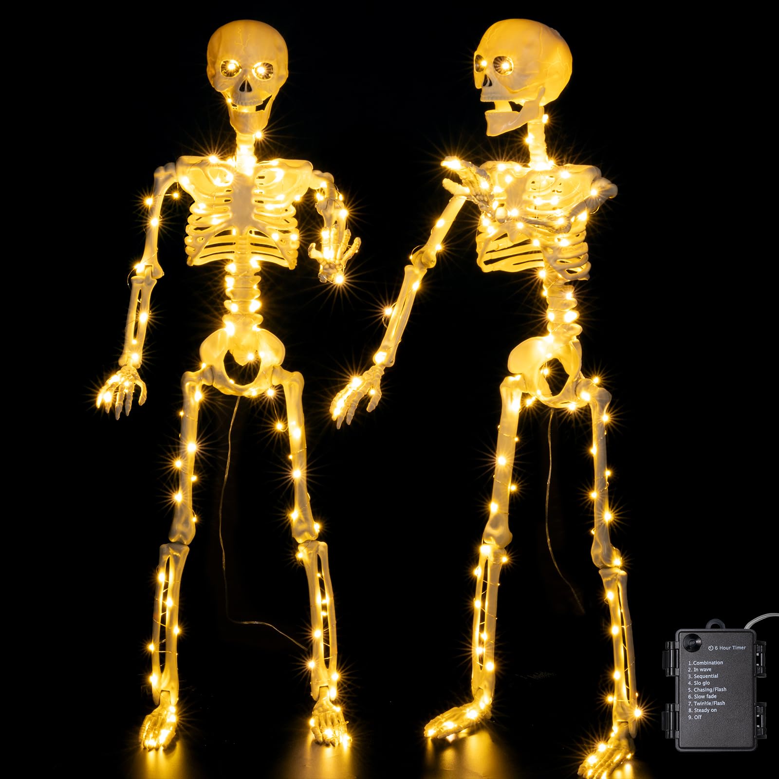 Photo 1 of 2 Pack 39.3 Inches 150 LED Light Up Skeleton Full Body, Posable & Movable Jonints Halloween Skeleton Decor, Battery Powered & Well Made Plastic Skeletons with Light Up Eyes