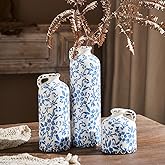 Ceramic Vase Set of 3, Vintage Blue and White Vase, Chinoiserie Floral Vases, Rustic Farmhouse Ceramic Vases for Home Decor, Blue Vase for Living Room, Kitchen Island, Bookshelf, Chinoiserie Decors