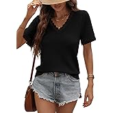 Dokotoo Women's Casual V Neck Short Sleeve Waffle Knit Lace Patchwork Shirts Summer Loose Basic Tunic Tops Tee Blouses