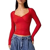 QINSEN Long Sleeve Shirts for Women V Neck Double Lined Seamed Cup Going Out Tops Side Ruched T-Shirts