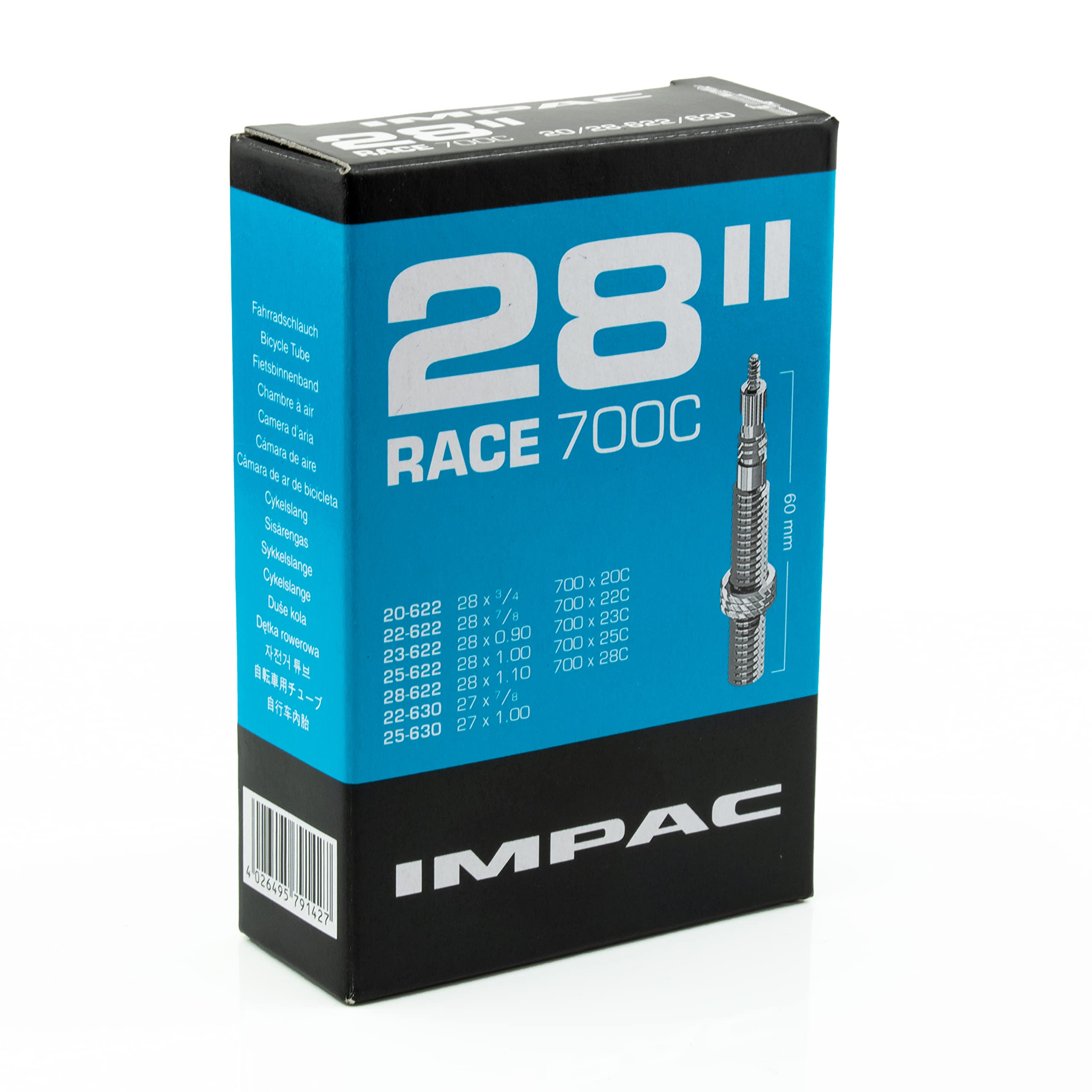 IMPAC SV28 Road/Hybrid/Gravel Bike Inner Tube, Black, 20/28-622/630 (700x20/28c) - 60mm Presta Valve