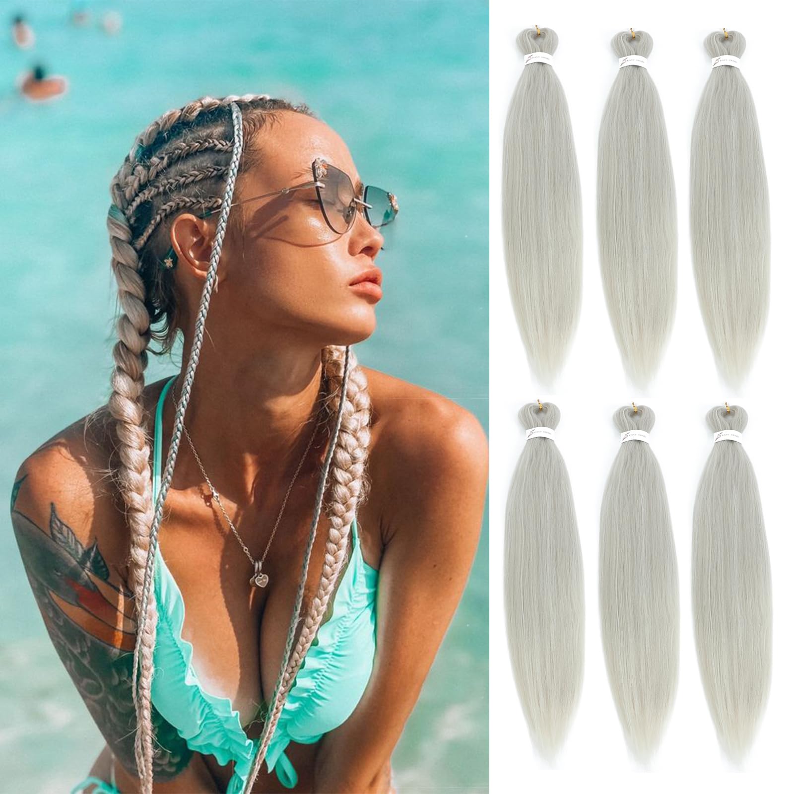 26 Inch Pre Stretched Braiding Hair，6 Packs Soft Yaki Texture EZ Braid for Box Braids Hot Water Setting Synthetic Fiber Hair Extensions（Silver）