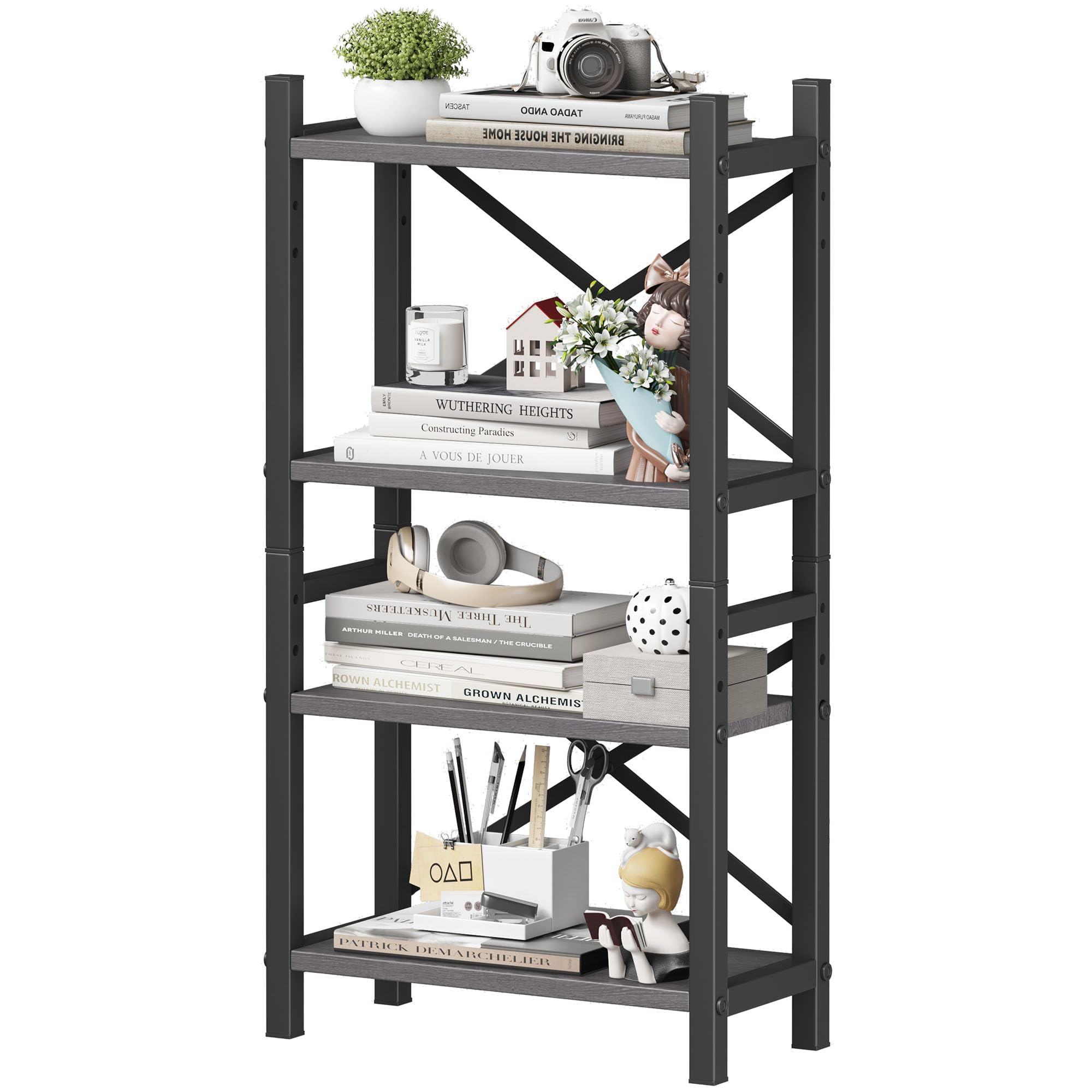Photo 1 of Homeiju Desktop Bookshelf, 4-Tier Stackable Narrow Desk Bookcase, Adjustable Industrial Desk Organizer Display Shelf, Wood Desktop Book Organizer for Living Room, Bedroom and Home Office(Grey)