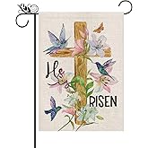 Easter Garden Flag Religious Cross Christian He is Risen Flower 12.5 x 18 Inch Burlap Double Sided Vertical Holiday Seasonal Spring Farmhouse Yard Outdoor Decorations