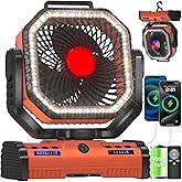 EEIFO 12 Inch Portable Camping Fan, 40000mAh Rechargeable Battery Powered Fan with 4 Speeds Wind and LED Light 140H, Cool & Warm Light and SOS Mode, Auto Oscillating, 360° Rotating Hang Hook(Orange)