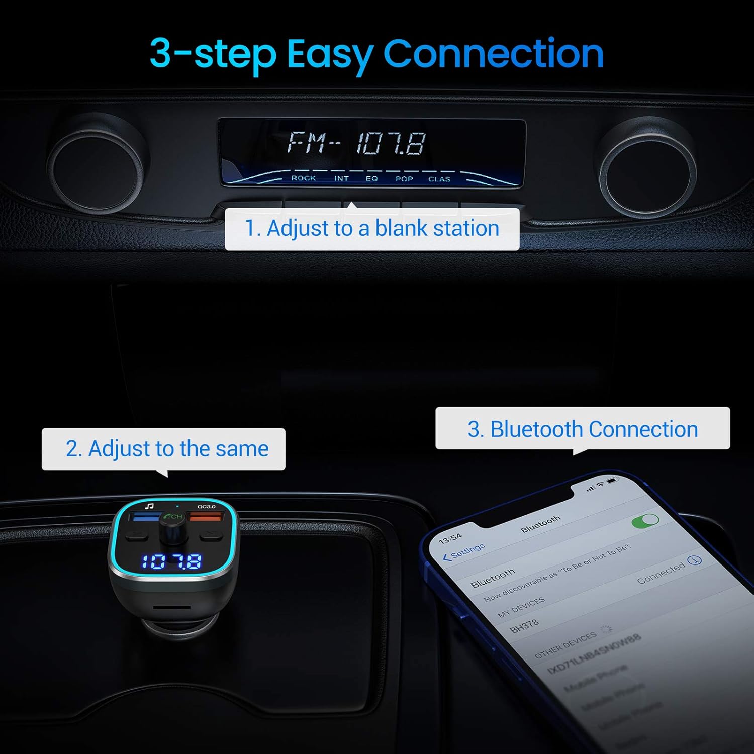 Weback Bluetooth FM Transmitter for Car, BT 5.0 &QC3.0 Wireless Bluetooth FM Audio Adapter Music Player Car Kit with LED Backlit, Hands-Free Calling, 2 USB Ports, Hi-Fi Music, Support U Disk/TF Card