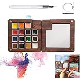Mini Paint Palette Travel Kit - Mini Travel Watercolor Palette Set, Pocket Artist Water Color Travel Set with Colours, Binder Clips, Watercolor Pens, Wooden Paint Box for Painters Artists Students
